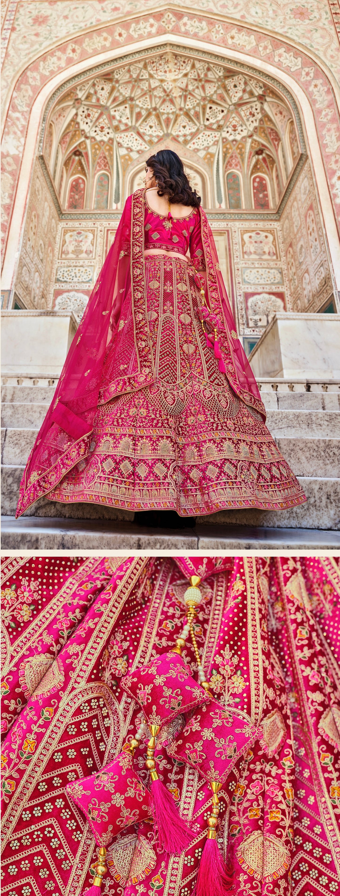 Eleganter rosa-grauer Braut-Lehenga mit Zarkan-Stickerei und Pailletten