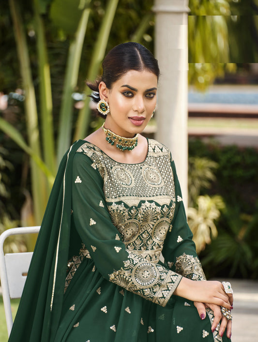 Robe Anarkali vert foncé en georgette et sequins