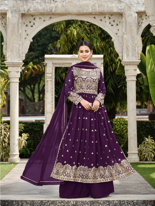 Robe Anarkali violet foncé en georgette et sequins