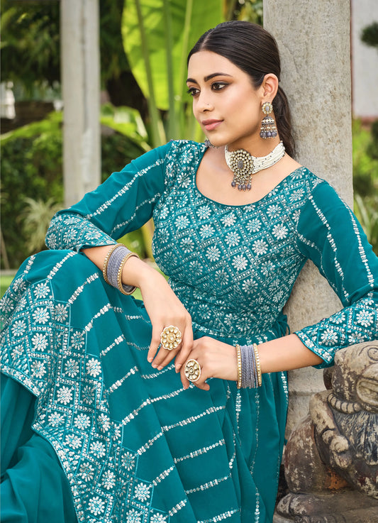 Robe Anarkali bleu canard en georgette et sequins