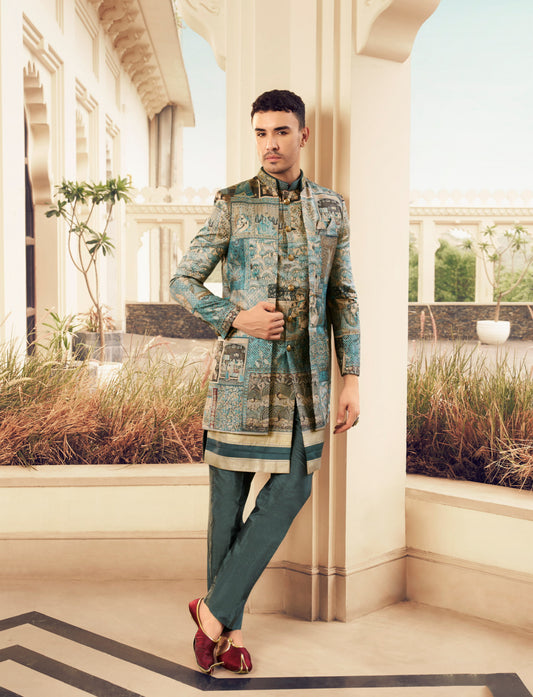 COLLECTION JODI - Tenue Sherwani 2 pièces Vert Bleu en soie et broderie artisanale