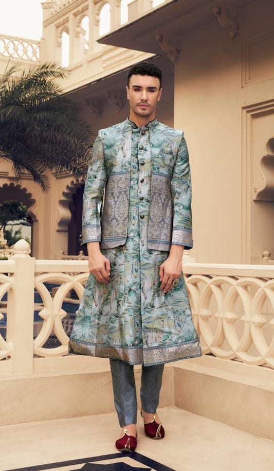 COLLECTION JODI - Tenue Sherwani 2 pièces Bleu Ciel et Bleu canard en soie et broderie artisanale