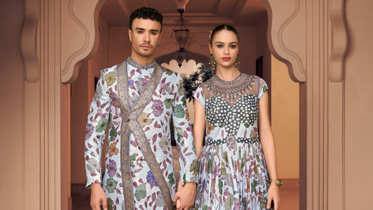 COLLECTION JODI - Tenue Sherwani 2 pièces Blanc et Violet Floral en soie et broderie artisanale