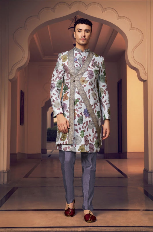 COLLECTION JODI - Tenue Sherwani 2 pièces Blanc et Violet Floral en soie et broderie artisanale