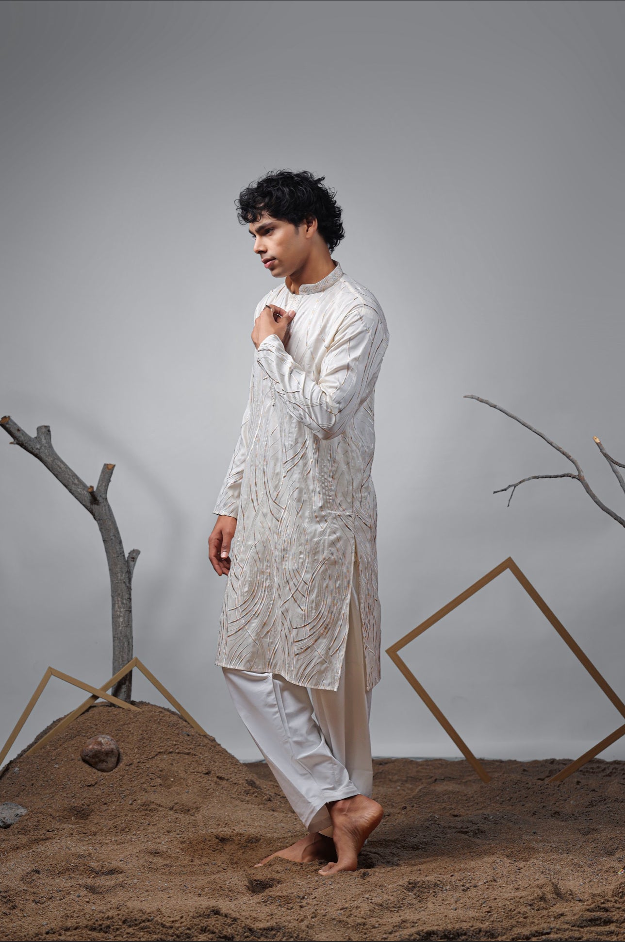 Peach chiffon crystal evening sari with sequin and thread embroidery