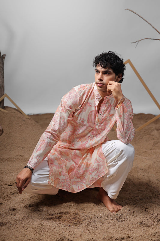 Ensemble Kurta Beige Imprimé Rose clair Design COLLECTION RAJ