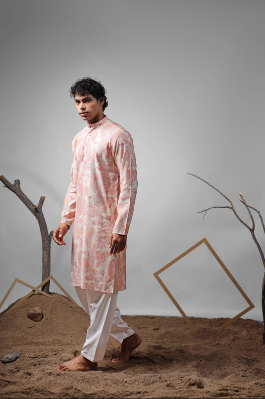 Ensemble Kurta Beige Imprimé Rose clair Design COLLECTION RAJ