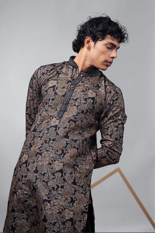 Ensemble Kurta Noir Imprimé Floral Marron et Beige Design COLLECTION RAJ