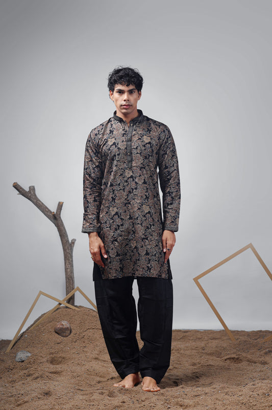 Ensemble Kurta Noir Imprimé Floral Marron et Beige Design COLLECTION RAJ