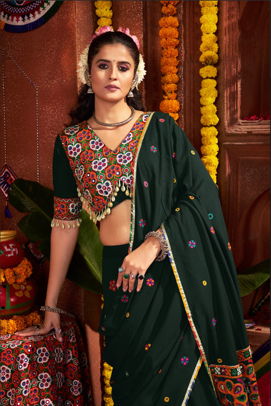 Lehenga de Navratri vert foncé en viscose coton et travail kutchi