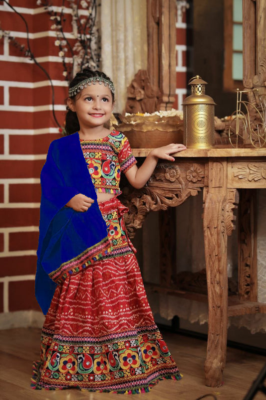 Lehenga de célébration Navratri multicolore rose et bleu en coton enfant