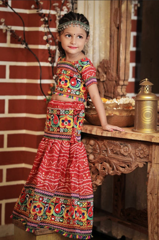 Lehenga de célébration Navratri multicolore rose et bleu en coton enfant