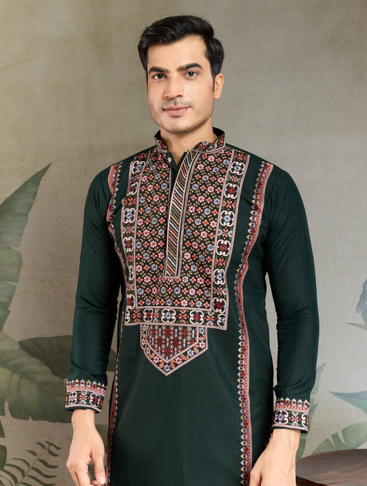 Kurta festif Homme vert foncé en soie viscose avec broderies