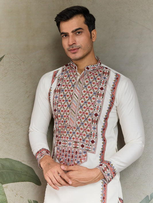 Kurta festif Homme blanc cassé en soie viscose avec broderies