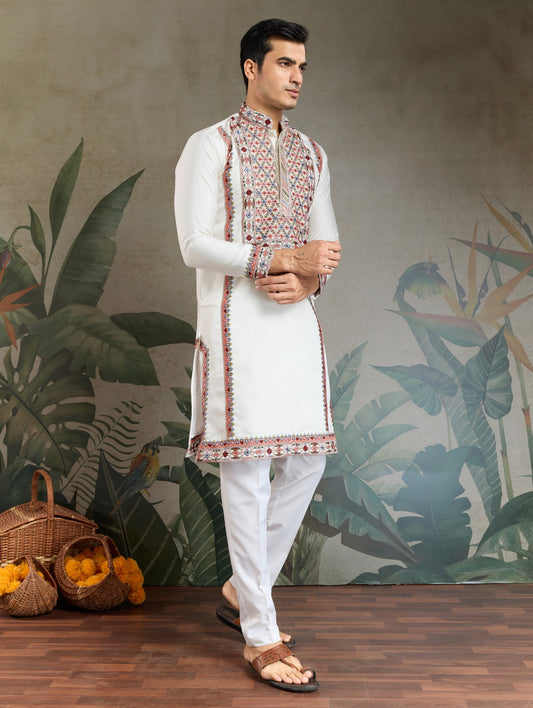 Kurta festif Homme blanc cassé en soie viscose avec broderies