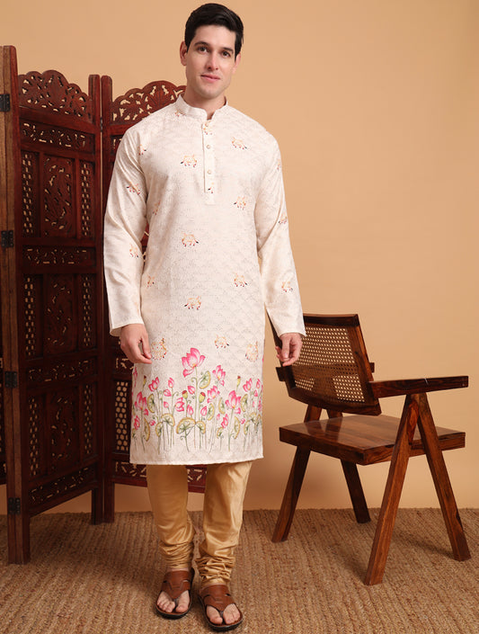 Kurta festif Homme beige et rose clair en coton avec imprimé et broderies