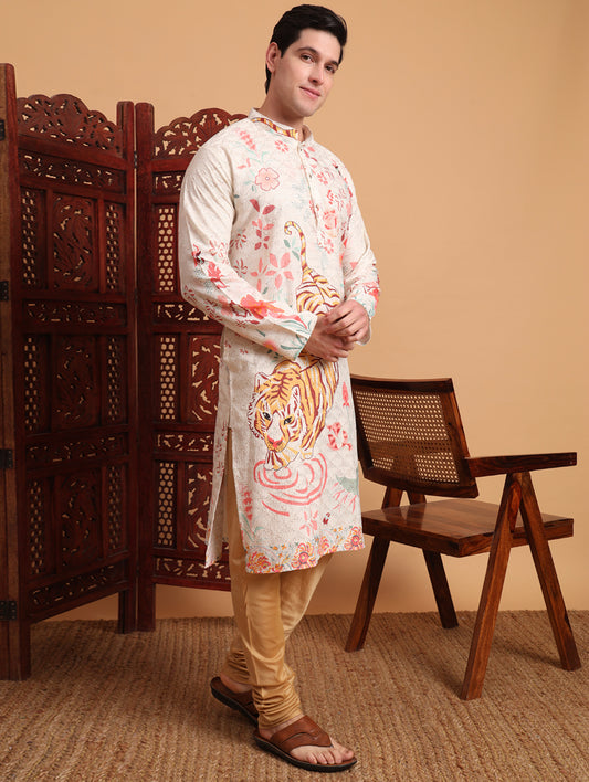 Kurta festif Homme blanc cassé en coton avec imprimé et broderies