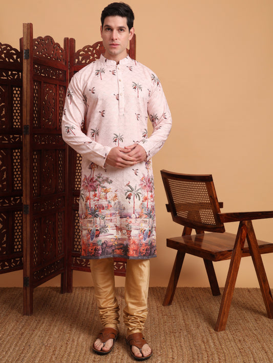 Kurta festif Homme rose et mauve clair en coton avec imprimé et broderies