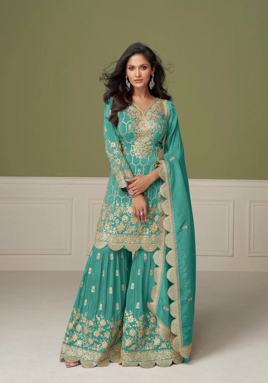 Ensemble Salwar Sharara bleu turquoise en soie avec broderies et miroirs COLLECTION MEHEK