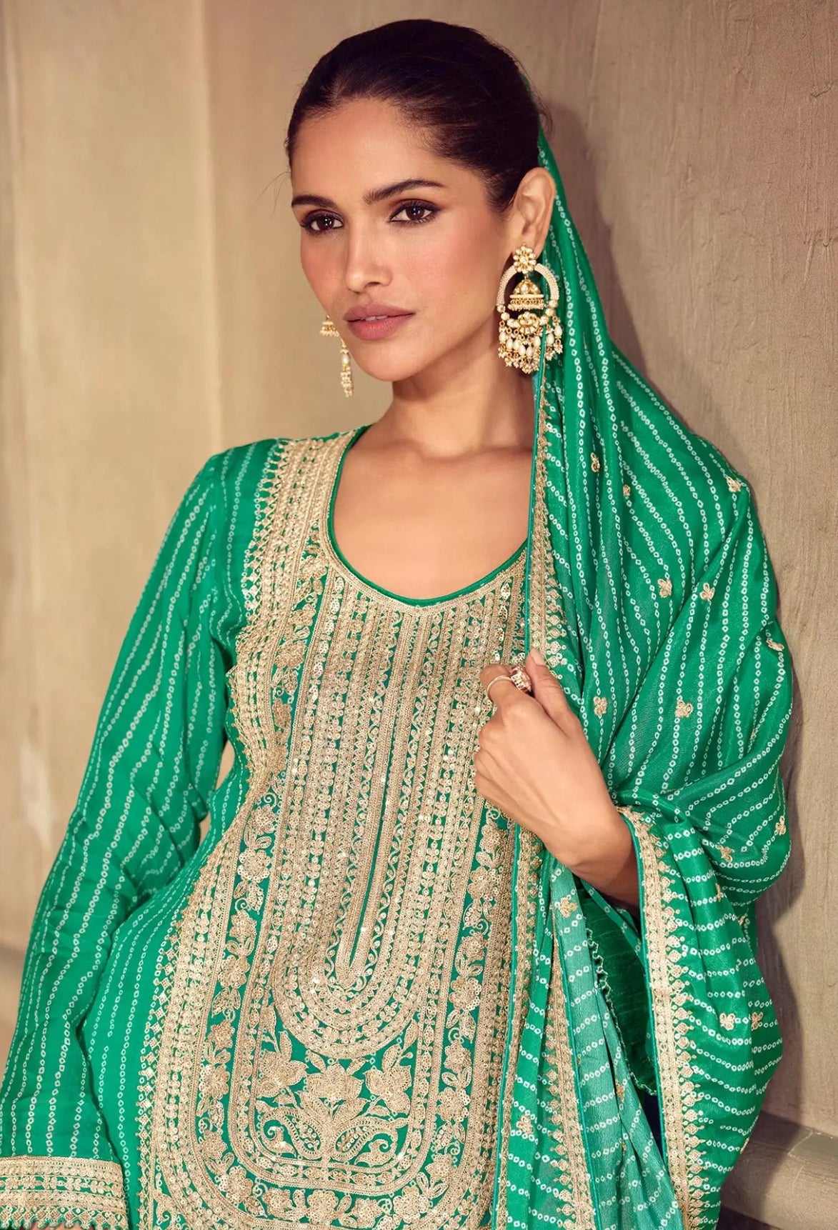 Berry-purple red Sharara set with cord embroidery, sequins and riveted beads