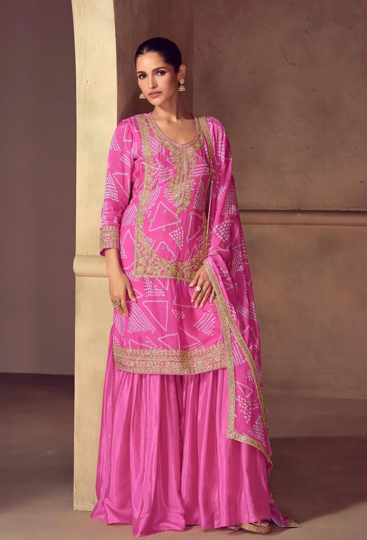 Berry-purple red Sharara set with cord embroidery, sequins and riveted beads