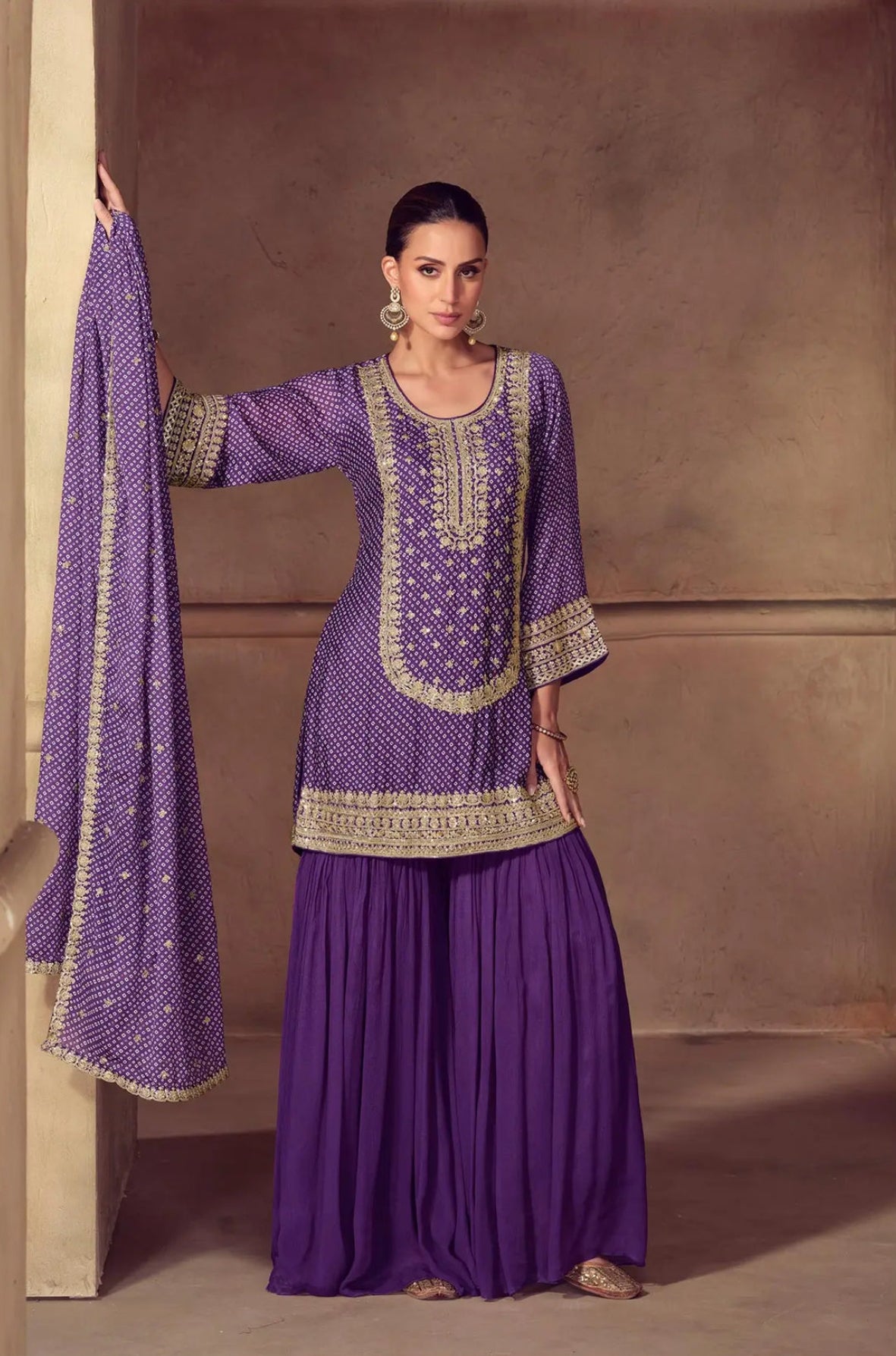 Berry-purple red Sharara set with cord embroidery, sequins and riveted beads