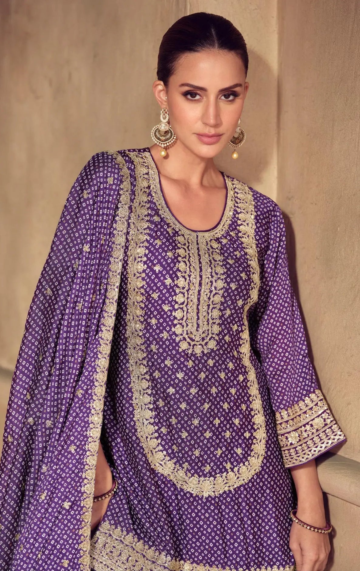 Berry-purple red Sharara set with cord embroidery, sequins and riveted beads