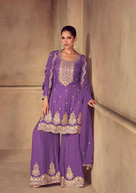 Ensemble Palazzo en soie Chinon violet avec imprimés et broderies