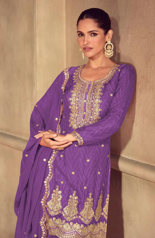 Ensemble Palazzo en soie Chinon violet avec imprimés et broderies