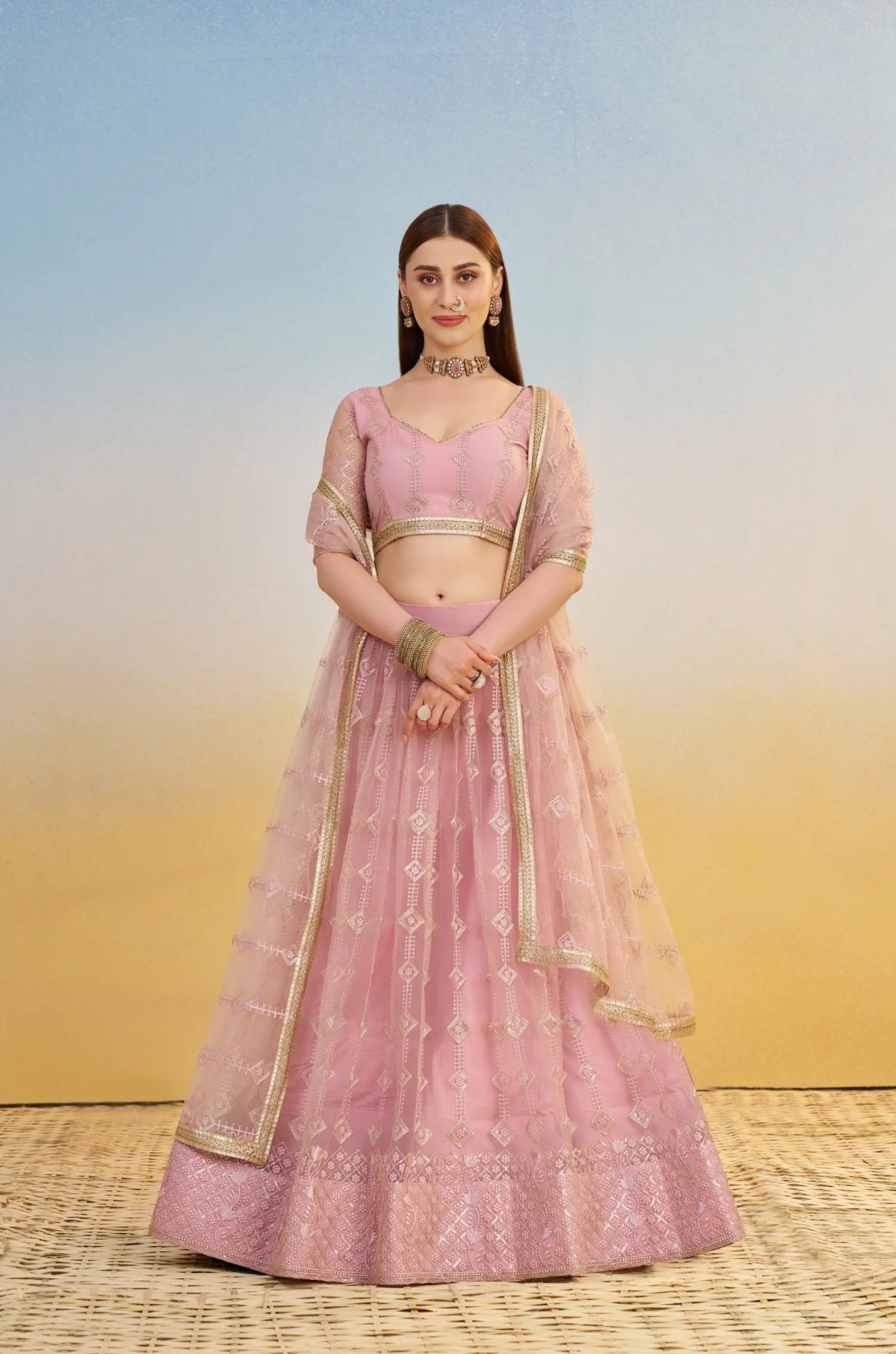 Lehenga Rose Clair en tulle avec broderies et sequins brillants festif COLLECTION LARA