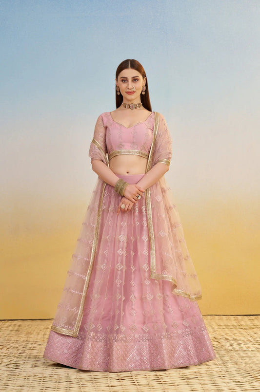 Lehenga Rose Clair en tulle avec broderies et sequins brillants festif COLLECTION LARA