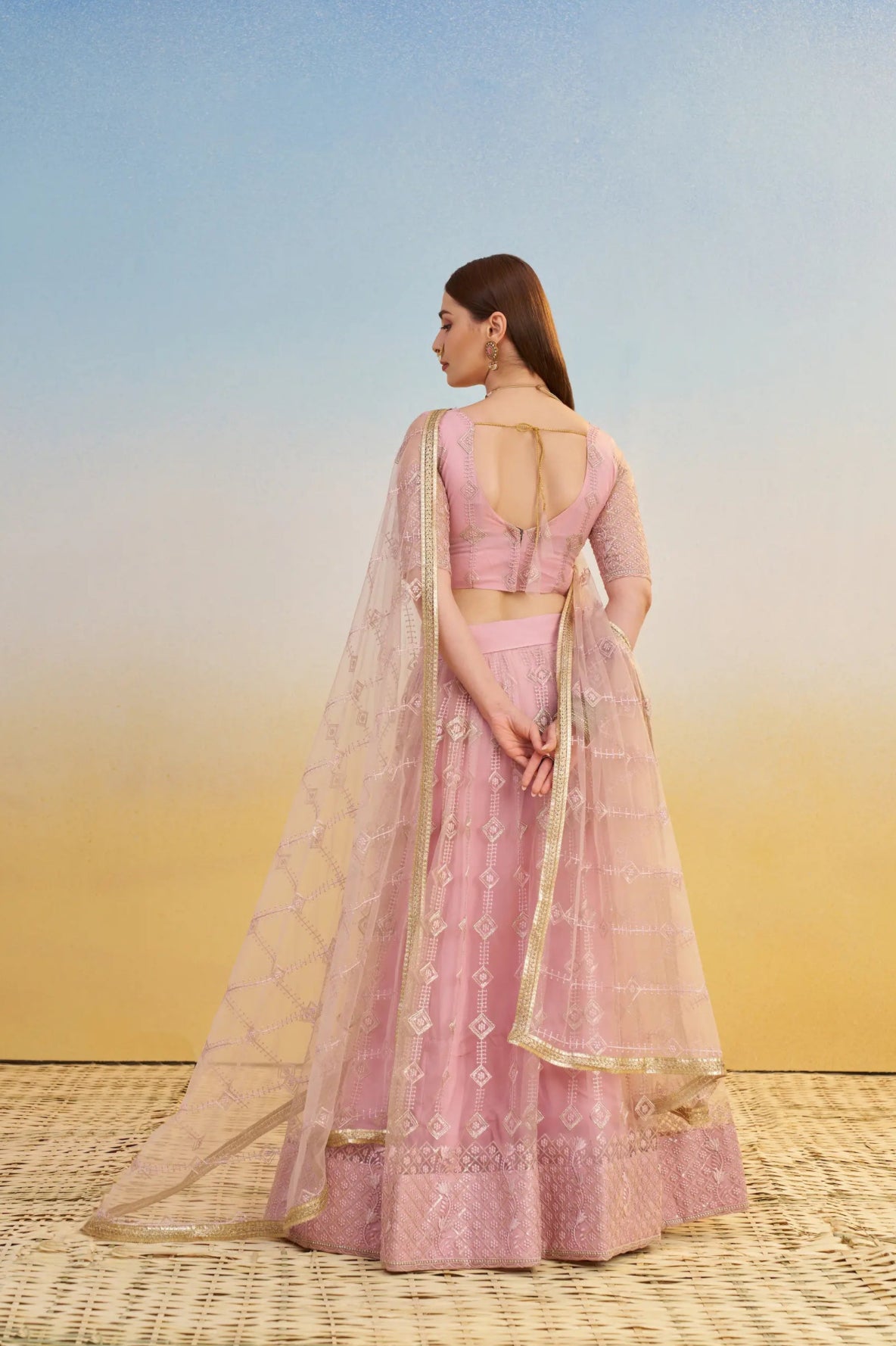 Lehenga Rose Clair en tulle avec broderies et sequins brillants festif COLLECTION LARA