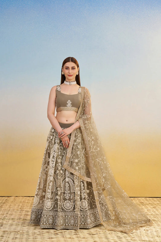 Lehenga Beige Taupe et clair en tulle avec broderies et sequins brillants festif COLLECTION LARA