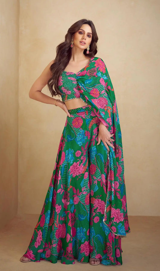 Ensemble Indo-Occidental en Soie Chinon Vert de Mer Multicolore avec Imprimés Fleurs, Broderies et Finitions artisanales COLLECTION SAYANI