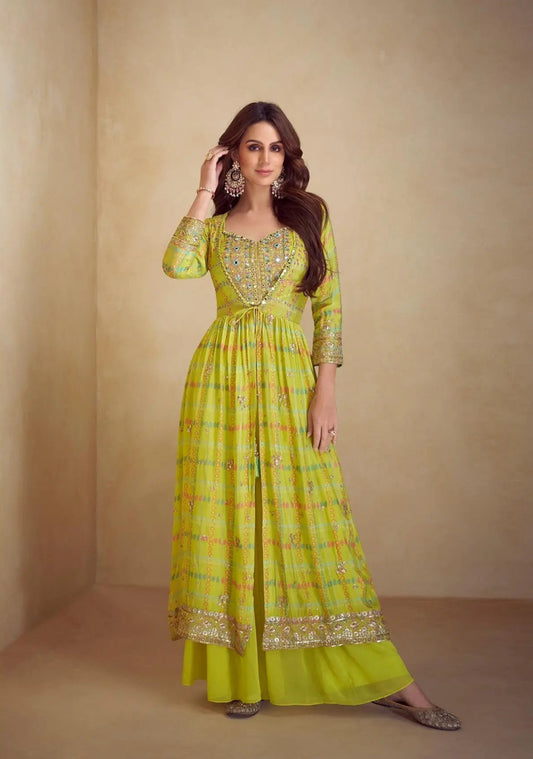 Ensemble Indo-Occidental avec Shrug en Soie Chinon Jaune Citron Vert Multicolore avec Imprimés, Broderies et Finitions Artisanales COLLECTION SAYANI