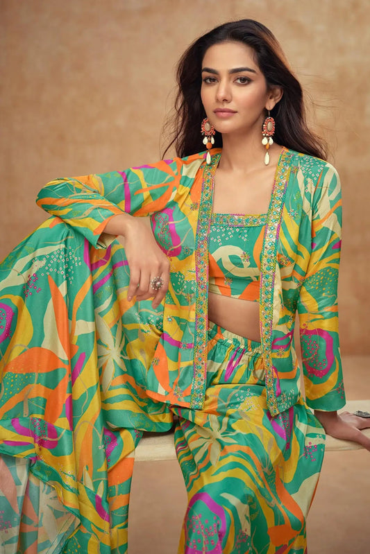 Ensemble Indo-Occidental avec Veste en Soie Chinon Vert Lagon Multicolore avec Imprimés, Broderies et Finitions Artisanales COLLECTION SAYANI