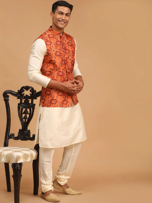 Ensemble Kurta avec veste style Nehru orange rouille imprimé et crème