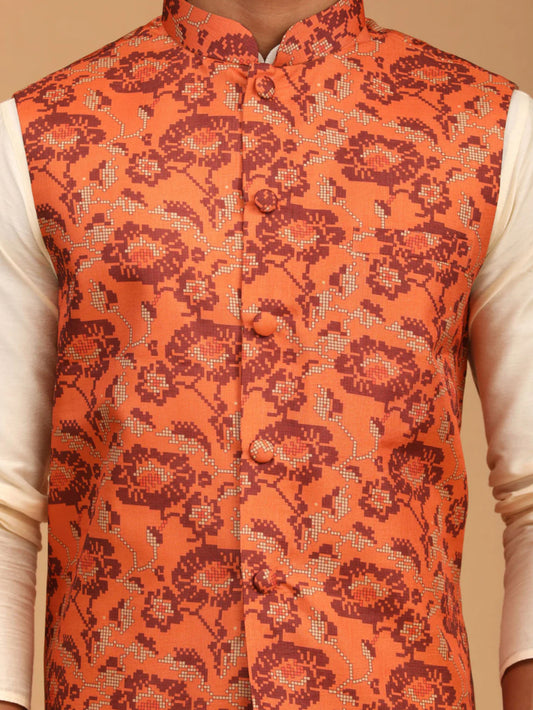 Ensemble Kurta avec veste style Nehru orange rouille imprimé et crème