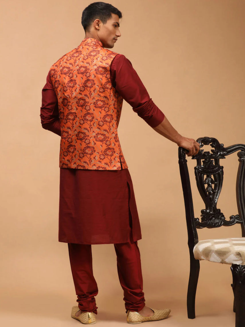 Ensemble Kurta avec veste style Nehru orange rouille imprimé et rouge
