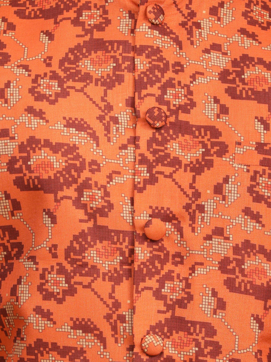 Ensemble Kurta avec veste style Nehru orange rouille imprimé et rouge