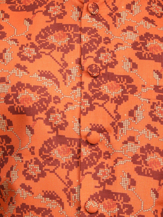 Ensemble Kurta avec veste style Nehru orange rouille imprimé et rouge
