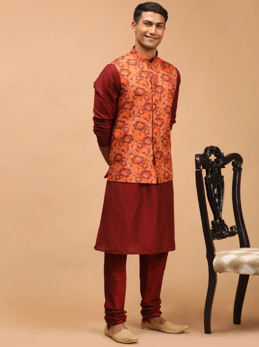 Ensemble Kurta avec veste style Nehru orange rouille imprimé et rouge
