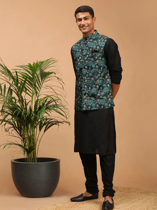 Ensemble Kurta avec veste style Nehru vert turquoise imprimé et noir