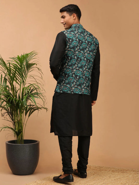 Ensemble Kurta avec veste style Nehru vert turquoise imprimé et noir