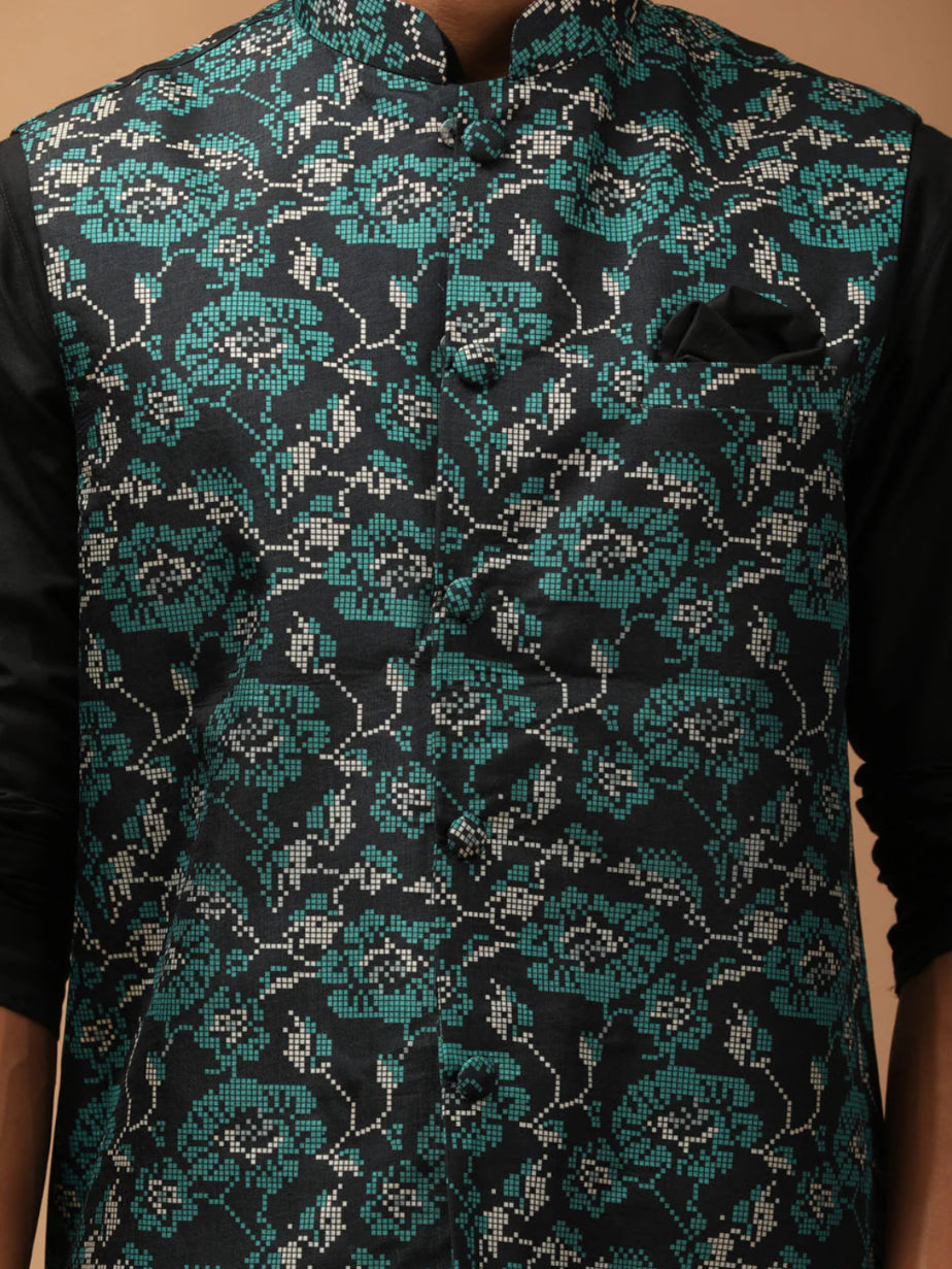Ensemble Kurta avec veste style Nehru vert turquoise imprimé et noir