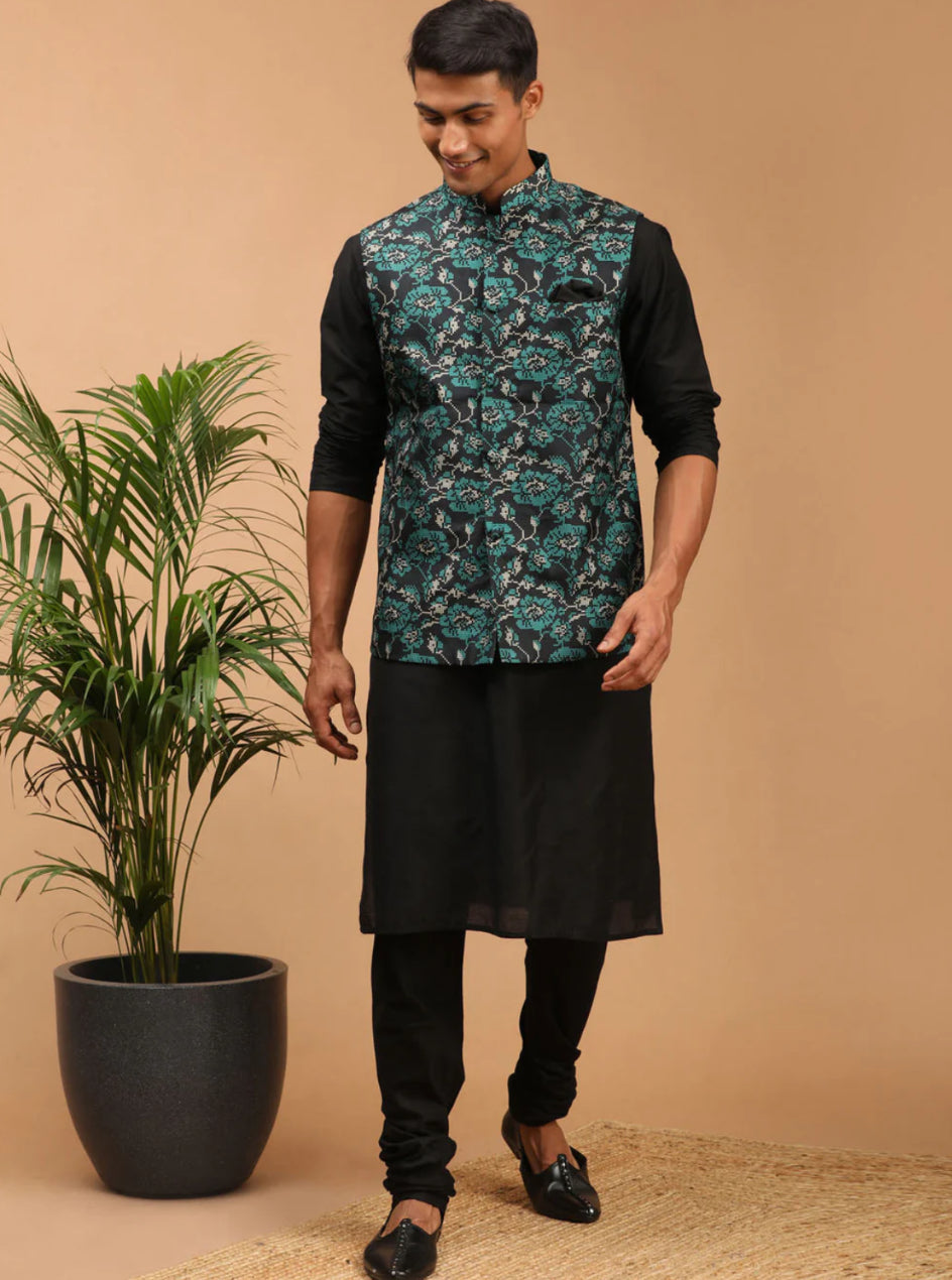 Ensemble Kurta avec veste style Nehru vert turquoise imprimé et noir