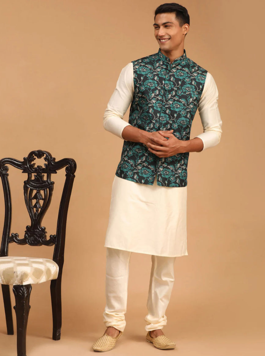 Ensemble Kurta avec veste style Nehru vert turquoise imprimé et crème