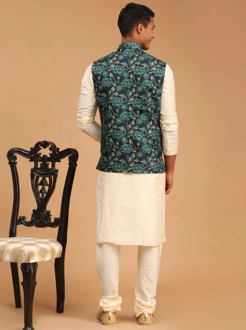 Ensemble Kurta avec veste style Nehru vert turquoise imprimé et crème