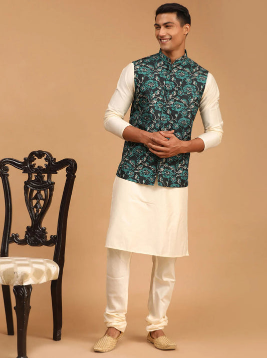 Ensemble Kurta avec veste style Nehru vert turquoise imprimé et crème