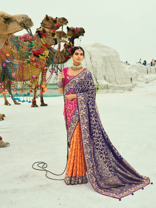 Sari violet et rose fuchsia en pur tissu georgette bandhej avec travail fait main de moti et cut-dana COLLECTION KHUSHI